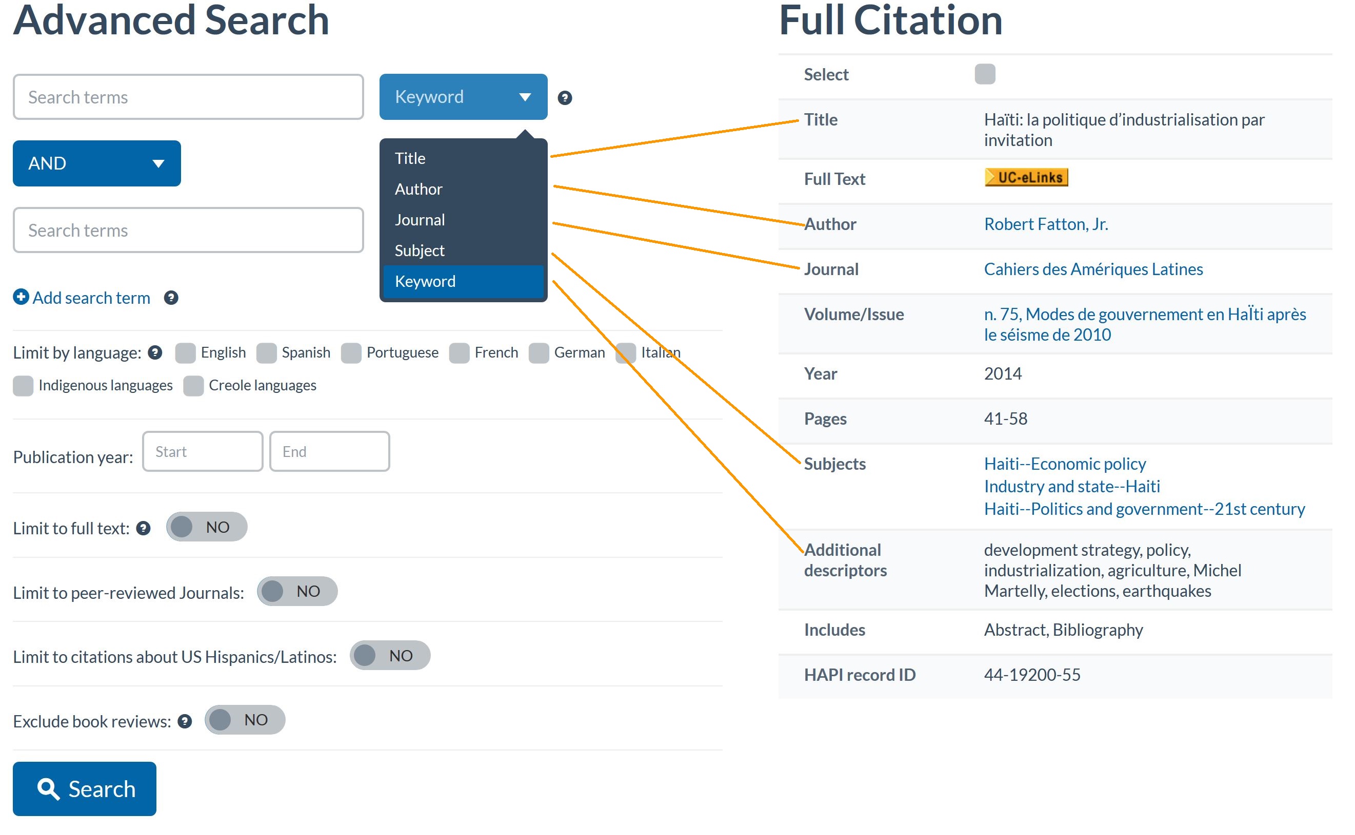 Advanced search fields and their corresponding location in article records