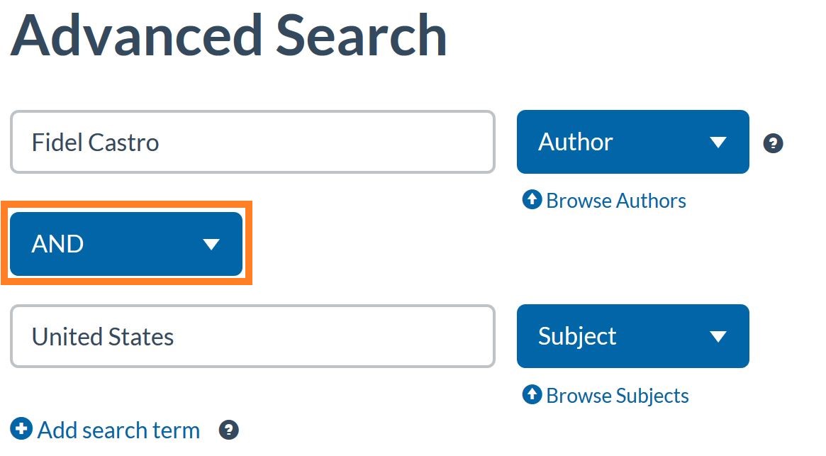 Search example: Fidel Castro as author AND United States as subject